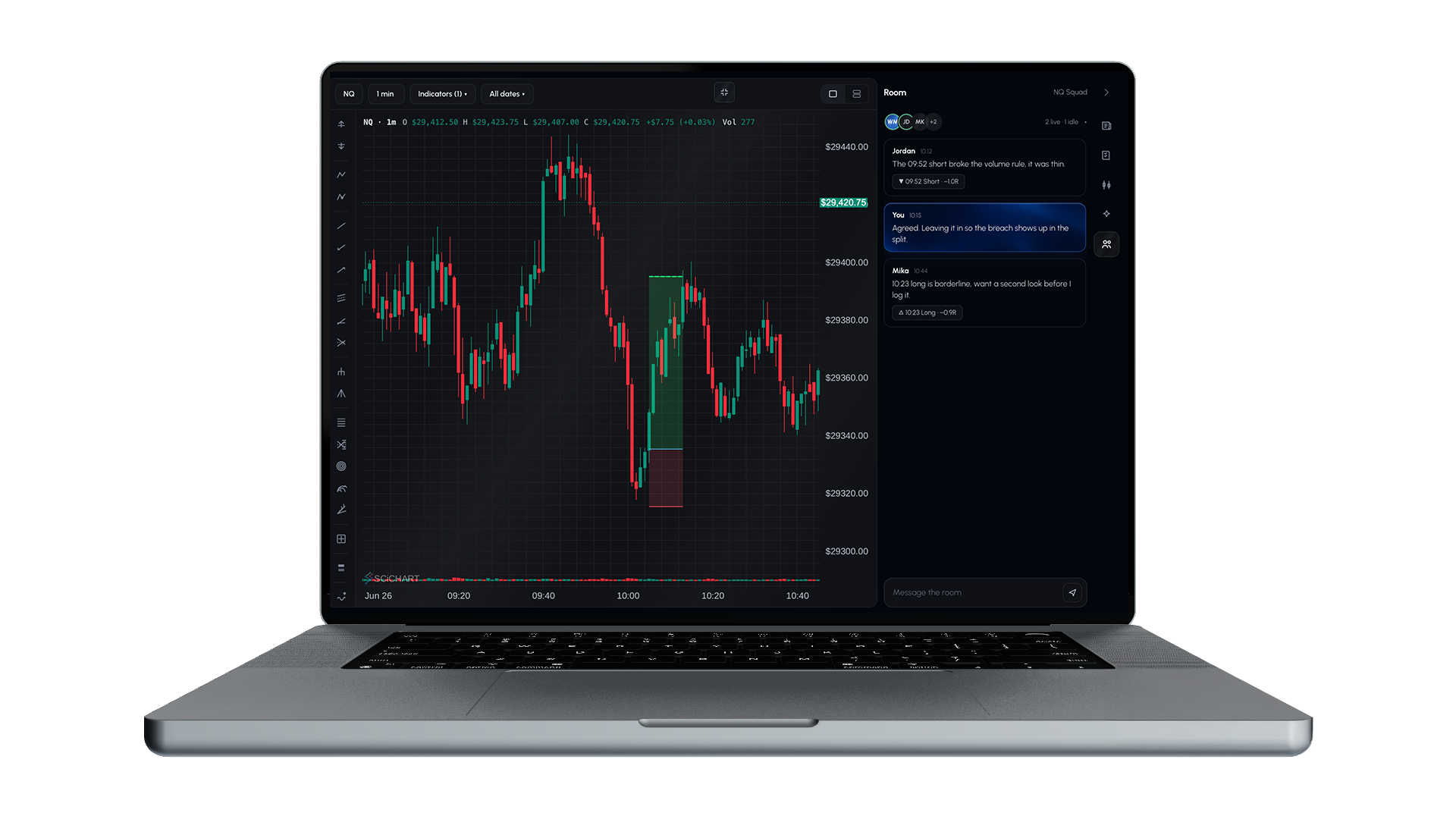 A shared AlphaNest chart room on a laptop: one live chart with the trade thread beside it